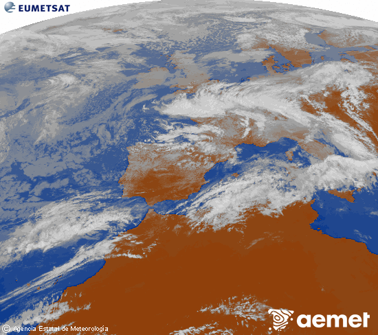 Imatge de la zona d'Europa i Nord d'�frica del canal infraroig del sat�l�lit Meteosat operacional en 0�N 0�W, processada per a donar-li color.&nbsp;dimarts, 5 de maig  2026 14:00