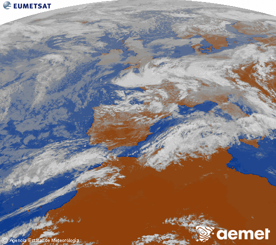 Imatge de la zona d'Europa i Nord d'�frica del canal infraroig del sat�l�lit Meteosat operacional en 0�N 0�W, processada per a donar-li color.&nbsp;dimarts, 5 de maig  2026 16:00