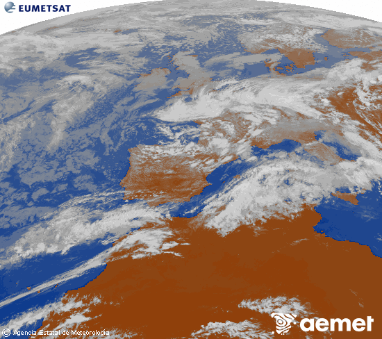 Imatge de la zona d'Europa i Nord d'�frica del canal infraroig del sat�l�lit Meteosat operacional en 0�N 0�W, processada per a donar-li color.&nbsp;dimarts, 5 de maig  2026 17:00