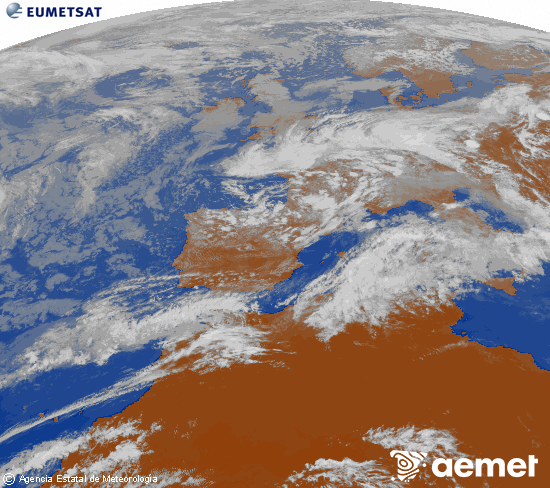 Imatge de la zona d'Europa i Nord d'�frica del canal infraroig del sat�l�lit Meteosat operacional en 0�N 0�W, processada per a donar-li color.&nbsp;dimarts, 5 de maig  2026 18:00