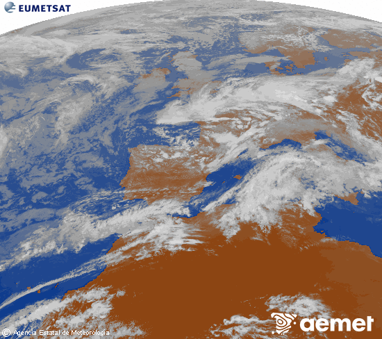Imatge de la zona d'Europa i Nord d'�frica del canal infraroig del sat�l�lit Meteosat operacional en 0�N 0�W, processada per a donar-li color.&nbsp;dimarts, 5 de maig  2026 19:00