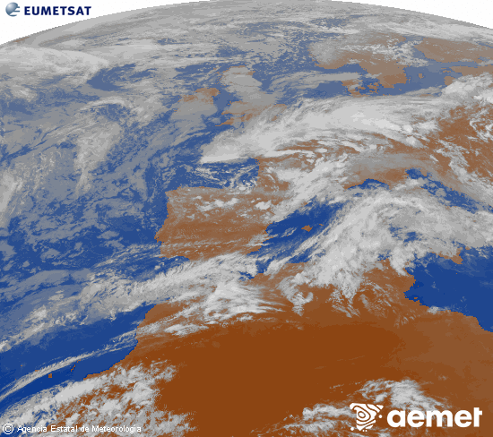 Imatge de la zona d'Europa i Nord d'�frica del canal infraroig del sat�l�lit Meteosat operacional en 0�N 0�W, processada per a donar-li color.&nbsp;dimarts, 5 de maig  2026 20:00