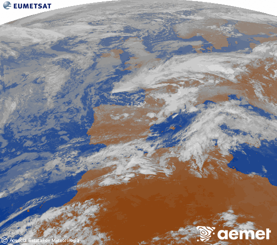 Imatge de la zona d'Europa i Nord d'�frica del canal infraroig del sat�l�lit Meteosat operacional en 0�N 0�W, processada per a donar-li color.&nbsp;dimarts, 5 de maig  2026 21:00