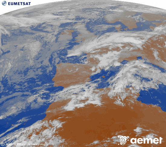 Imatge de la zona d'Europa i Nord d'�frica del canal infraroig del sat�l�lit Meteosat operacional en 0�N 0�W, processada per a donar-li color.&nbsp;dimarts, 5 de maig  2026 22:00