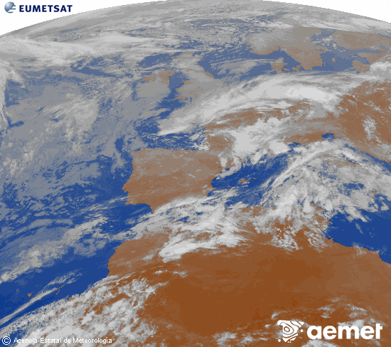Imatge de la zona d'Europa i Nord d'�frica del canal infraroig del sat�l�lit Meteosat operacional en 0�N 0�W, processada per a donar-li color.&nbsp;dimarts, 5 de maig  2026 23:00