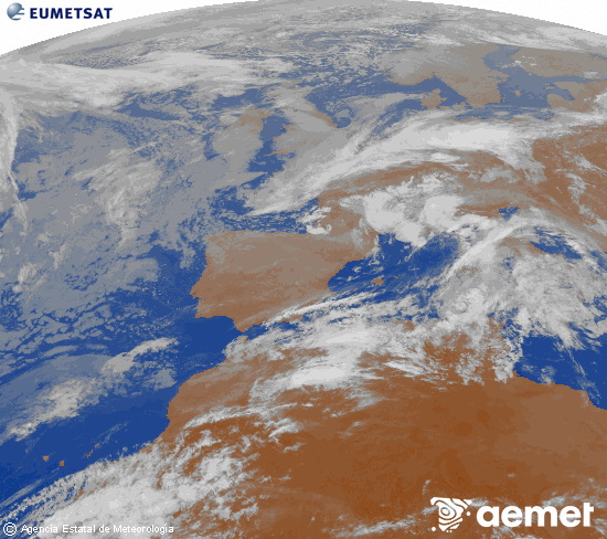Imatge de la zona d'Europa i Nord d'�frica del canal infraroig del sat�l�lit Meteosat operacional en 0�N 0�W, processada per a donar-li color.&nbsp;dimecres, 6 de maig  2026 01:00