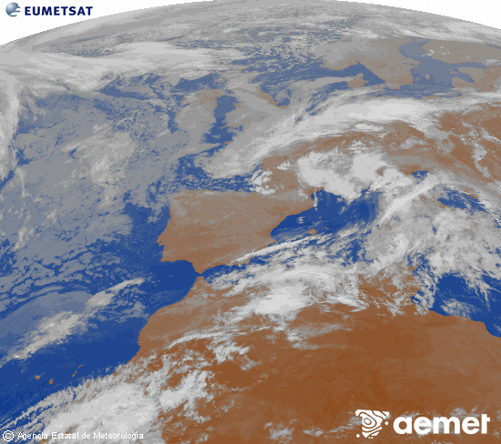 Imatge de la zona d'Europa i Nord d'�frica del canal infraroig del sat�l�lit Meteosat operacional en 0�N 0�W, processada per a donar-li color.&nbsp;dimecres, 6 de maig  2026 02:00