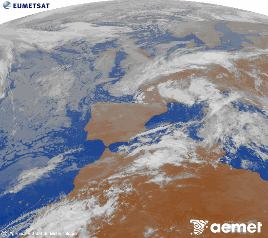 Imatge de la zona d'Europa i Nord d'�frica del canal infraroig del sat�l�lit Meteosat operacional en 0�N 0�W, processada per a donar-li color.&nbsp;dimecres, 6 de maig  2026 03:00