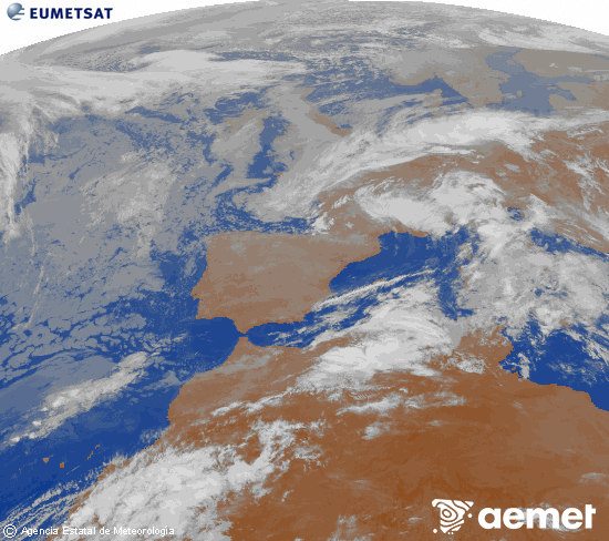 Imatge de la zona d'Europa i Nord d'�frica del canal infraroig del sat�l�lit Meteosat operacional en 0�N 0�W, processada per a donar-li color.&nbsp;dimecres, 6 de maig  2026 04:00