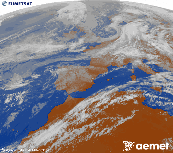 Imagen de la zona de Europa y Norte de �frica del canal infrarrojo del sat�lite Meteosat operacional en 0�N 0�W, procesada para darle color.&nbsp;Monday, 11 May  2026 12:00
