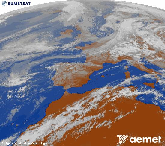 Imagen de la zona de Europa y Norte de �frica del canal infrarrojo del sat�lite Meteosat operacional en 0�N 0�W, procesada para darle color.&nbsp;Monday, 11 May  2026 14:00