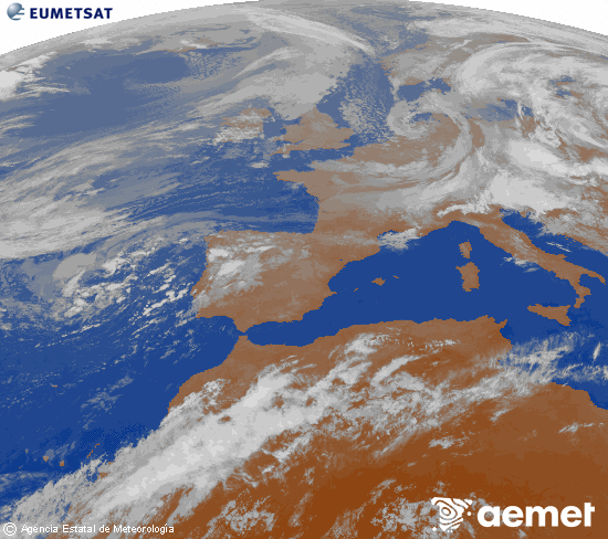 Imagen de la zona de Europa y Norte de �frica del canal infrarrojo del sat�lite Meteosat operacional en 0�N 0�W, procesada para darle color.&nbsp;Monday, 11 May  2026 23:00