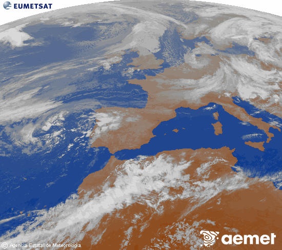 Imagen de la zona de Europa y Norte de �frica del canal infrarrojo del sat�lite Meteosat operacional en 0�N 0�W, procesada para darle color.&nbsp;Tuesday, 12 May  2026 02:00