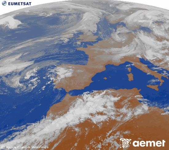 Imagen de la zona de Europa y Norte de �frica del canal infrarrojo del sat�lite Meteosat operacional en 0�N 0�W, procesada para darle color.&nbsp;Tuesday, 12 May  2026 03:00