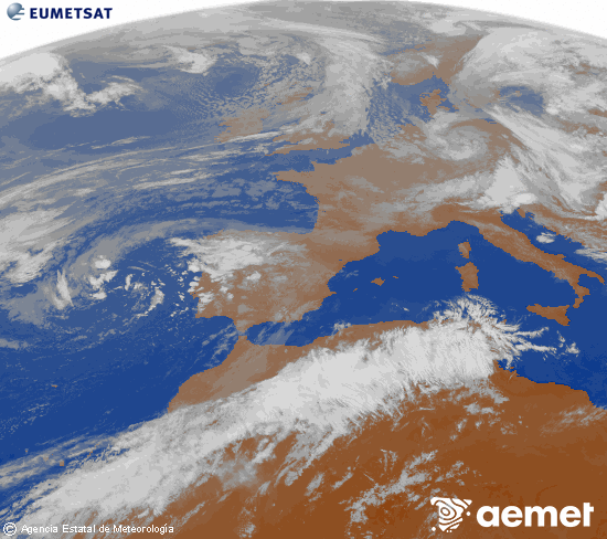 Imagen de la zona de Europa y Norte de �frica del canal infrarrojo del sat�lite Meteosat operacional en 0�N 0�W, procesada para darle color.&nbsp;Tuesday, 12 May  2026 08:00