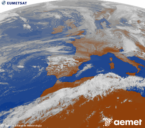 Imagen de la zona de Europa y Norte de �frica del canal infrarrojo del sat�lite Meteosat operacional en 0�N 0�W, procesada para darle color.&nbsp;martes, 12 mayo 2026 a las 13:00