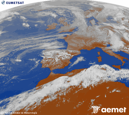 Imagen de la zona de Europa y Norte de �frica del canal infrarrojo del sat�lite Meteosat operacional en 0�N 0�W, procesada para darle color.&nbsp;martes, 12 mayo 2026 a las 14:00