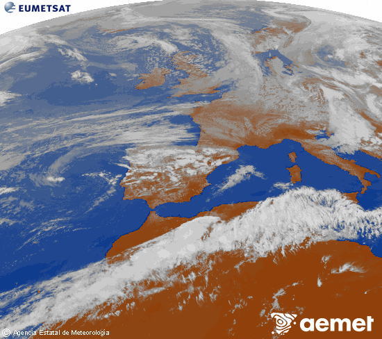Imagen de la zona de Europa y Norte de �frica del canal infrarrojo del sat�lite Meteosat operacional en 0�N 0�W, procesada para darle color.&nbsp;martes, 12 mayo 2026 a las 15:00