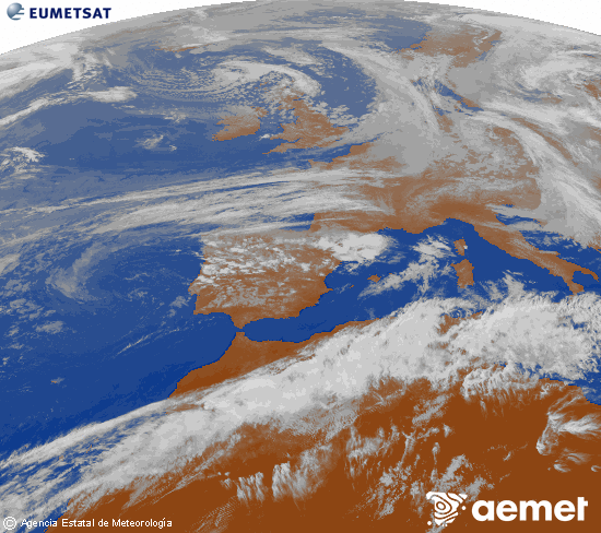 Imagen de la zona de Europa y Norte de �frica del canal infrarrojo del sat�lite Meteosat operacional en 0�N 0�W, procesada para darle color.&nbsp;martes, 12 mayo 2026 a las 19:00