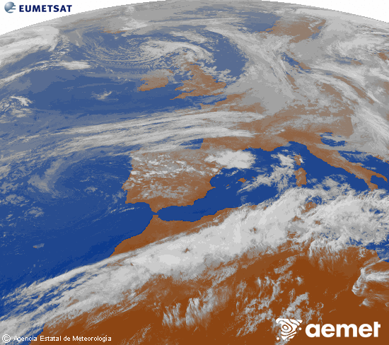 Imagen de la zona de Europa y Norte de �frica del canal infrarrojo del sat�lite Meteosat operacional en 0�N 0�W, procesada para darle color.&nbsp;martes, 12 mayo 2026 a las 20:00