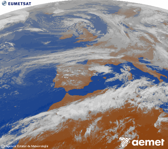 Imagen de la zona de Europa y Norte de �frica del canal infrarrojo del sat�lite Meteosat operacional en 0�N 0�W, procesada para darle color.&nbsp;martes, 12 mayo 2026 a las 21:00