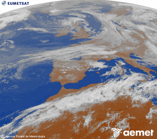 Imagen de la zona de Europa y Norte de �frica del canal infrarrojo del sat�lite Meteosat operacional en 0�N 0�W, procesada para darle color.&nbsp;martes, 12 mayo 2026 a las 22:00
