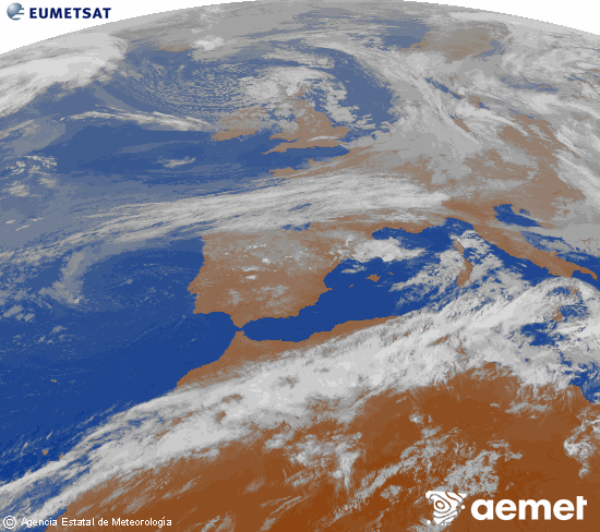Imagen de la zona de Europa y Norte de �frica del canal infrarrojo del sat�lite Meteosat operacional en 0�N 0�W, procesada para darle color.&nbsp;martes, 12 mayo 2026 a las 23:00