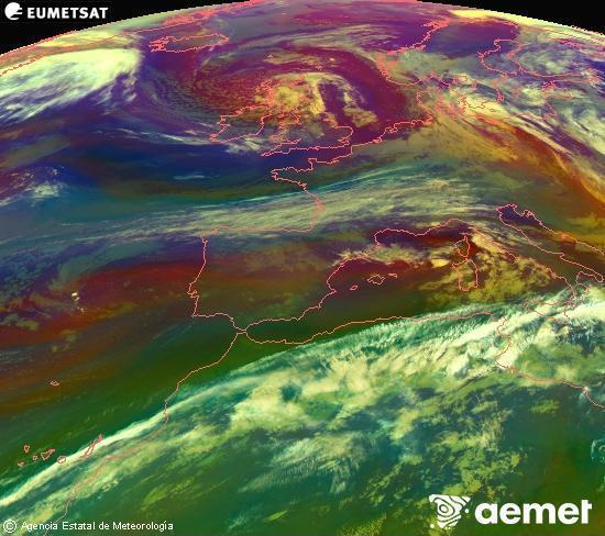 Composici�n RGB na que se mesturan varias canles do sat�lite Meteosat operacional en 0� N 0� W, que nos d� unha idea das caracter�sticas das masas de aire e da nebulosidade.&nbsp;m�rcores, 13 maio  2026 02:00
