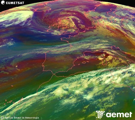 Composici�n RGB na que se mesturan varias canles do sat�lite Meteosat operacional en 0� N 0� W, que nos d� unha idea das caracter�sticas das masas de aire e da nebulosidade.&nbsp;m�rcores, 13 maio  2026 03:00