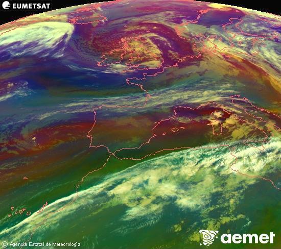 Composici�n RGB na que se mesturan varias canles do sat�lite Meteosat operacional en 0� N 0� W, que nos d� unha idea das caracter�sticas das masas de aire e da nebulosidade.&nbsp;m�rcores, 13 maio  2026 04:00