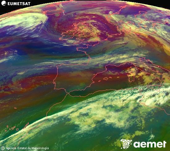 Composici�n RGB na que se mesturan varias canles do sat�lite Meteosat operacional en 0� N 0� W, que nos d� unha idea das caracter�sticas das masas de aire e da nebulosidade.&nbsp;m�rcores, 13 maio  2026 05:00