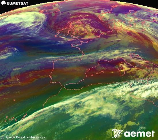 Composici�n RGB na que se mesturan varias canles do sat�lite Meteosat operacional en 0� N 0� W, que nos d� unha idea das caracter�sticas das masas de aire e da nebulosidade.&nbsp;m�rcores, 13 maio  2026 06:00