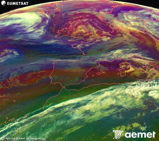 Composici�n RGB na que se mesturan varias canles do sat�lite Meteosat operacional en 0� N 0� W, que nos d� unha idea das caracter�sticas das masas de aire e da nebulosidade.&nbsp;m�rcores, 13 maio  2026 08:00