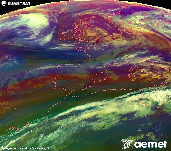 Composici�n RGB na que se mesturan varias canles do sat�lite Meteosat operacional en 0� N 0� W, que nos d� unha idea das caracter�sticas das masas de aire e da nebulosidade.&nbsp;m�rcores, 13 maio  2026 10:00