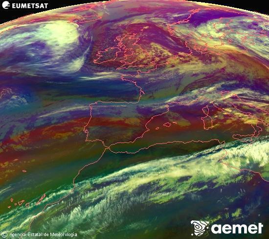 Composici�n RGB na que se mesturan varias canles do sat�lite Meteosat operacional en 0� N 0� W, que nos d� unha idea das caracter�sticas das masas de aire e da nebulosidade.&nbsp;m�rcores, 13 maio  2026 11:00