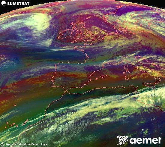 Composici�n RGB na que se mesturan varias canles do sat�lite Meteosat operacional en 0� N 0� W, que nos d� unha idea das caracter�sticas das masas de aire e da nebulosidade.&nbsp;m�rcores, 13 maio  2026 12:00