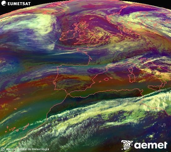 Composici�n RGB na que se mesturan varias canles do sat�lite Meteosat operacional en 0� N 0� W, que nos d� unha idea das caracter�sticas das masas de aire e da nebulosidade.&nbsp;m�rcores, 13 maio  2026 13:00