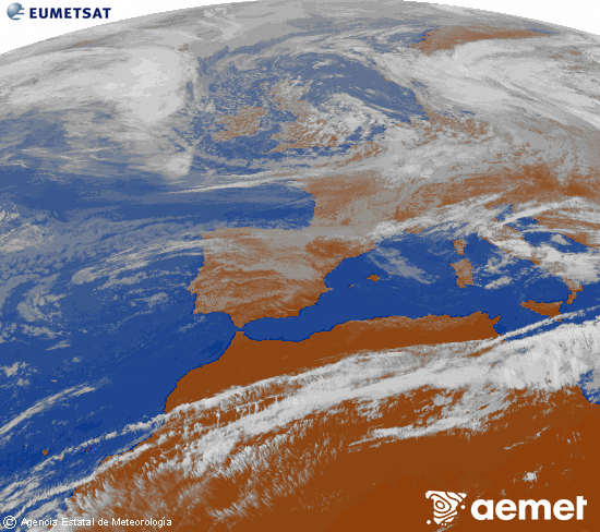 Imagen de la zona de Europa y Norte de �frica del canal infrarrojo del sat�lite Meteosat operacional en 0�N 0�W, procesada para darle color.&nbsp;mercredi, 13 mai  2026 13:00