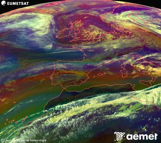 Composici�n RGB na que se mesturan varias canles do sat�lite Meteosat operacional en 0� N 0� W, que nos d� unha idea das caracter�sticas das masas de aire e da nebulosidade.&nbsp;m�rcores, 13 maio  2026 14:00