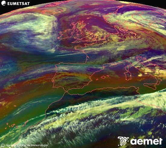 Composici�n RGB na que se mesturan varias canles do sat�lite Meteosat operacional en 0� N 0� W, que nos d� unha idea das caracter�sticas das masas de aire e da nebulosidade.&nbsp;m�rcores, 13 maio  2026 15:00