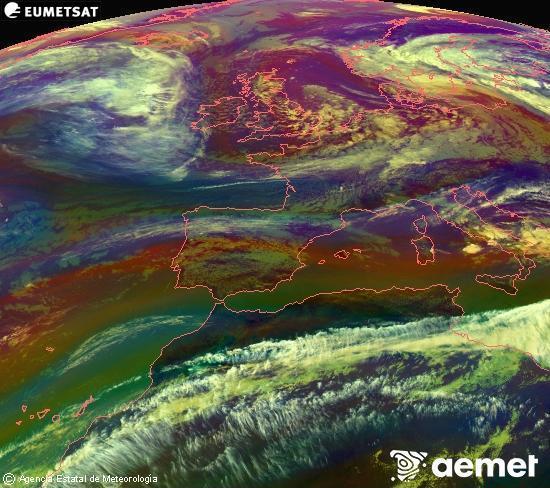 Composici�n RGB na que se mesturan varias canles do sat�lite Meteosat operacional en 0� N 0� W, que nos d� unha idea das caracter�sticas das masas de aire e da nebulosidade.&nbsp;m�rcores, 13 maio  2026 16:00