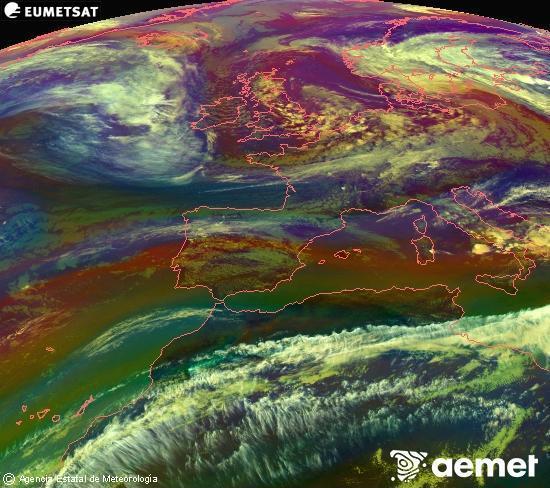 Composici�n RGB na que se mesturan varias canles do sat�lite Meteosat operacional en 0� N 0� W, que nos d� unha idea das caracter�sticas das masas de aire e da nebulosidade.&nbsp;m�rcores, 13 maio  2026 17:00