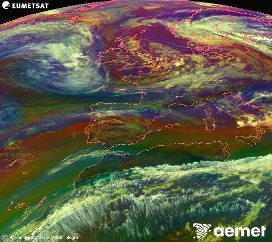 Composici�n RGB na que se mesturan varias canles do sat�lite Meteosat operacional en 0� N 0� W, que nos d� unha idea das caracter�sticas das masas de aire e da nebulosidade.&nbsp;m�rcores, 13 maio  2026 18:00