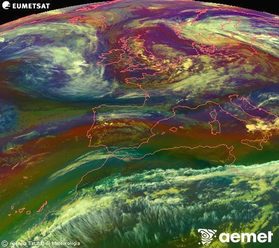 Composici�n RGB na que se mesturan varias canles do sat�lite Meteosat operacional en 0� N 0� W, que nos d� unha idea das caracter�sticas das masas de aire e da nebulosidade.&nbsp;m�rcores, 13 maio  2026 19:00