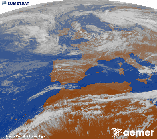 Imagen de la zona de Europa y Norte de �frica del canal infrarrojo del sat�lite Meteosat operacional en 0�N 0�W, procesada para darle color.&nbsp;mercredi, 13 mai  2026 19:00