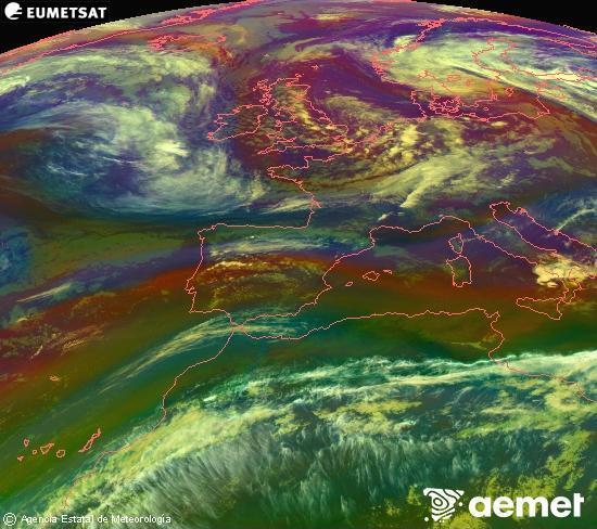 Composici�n RGB na que se mesturan varias canles do sat�lite Meteosat operacional en 0� N 0� W, que nos d� unha idea das caracter�sticas das masas de aire e da nebulosidade.&nbsp;m�rcores, 13 maio  2026 20:00