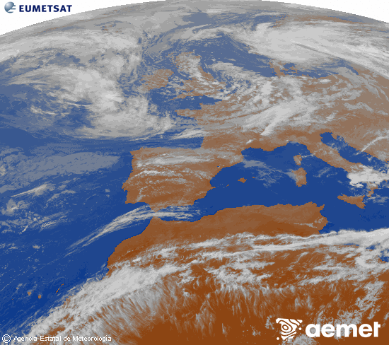 Imagen de la zona de Europa y Norte de �frica del canal infrarrojo del sat�lite Meteosat operacional en 0�N 0�W, procesada para darle color.&nbsp;mercredi, 13 mai  2026 20:00