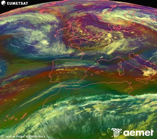 Composici�n RGB na que se mesturan varias canles do sat�lite Meteosat operacional en 0� N 0� W, que nos d� unha idea das caracter�sticas das masas de aire e da nebulosidade.&nbsp;m�rcores, 13 maio  2026 21:00