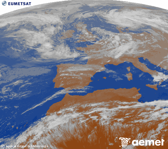 Imagen de la zona de Europa y Norte de �frica del canal infrarrojo del sat�lite Meteosat operacional en 0�N 0�W, procesada para darle color.&nbsp;mercredi, 13 mai  2026 21:00