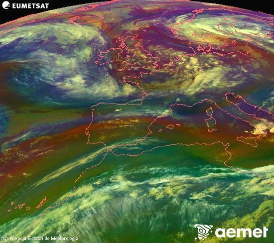 Composici�n RGB na que se mesturan varias canles do sat�lite Meteosat operacional en 0� N 0� W, que nos d� unha idea das caracter�sticas das masas de aire e da nebulosidade.&nbsp;m�rcores, 13 maio  2026 22:00